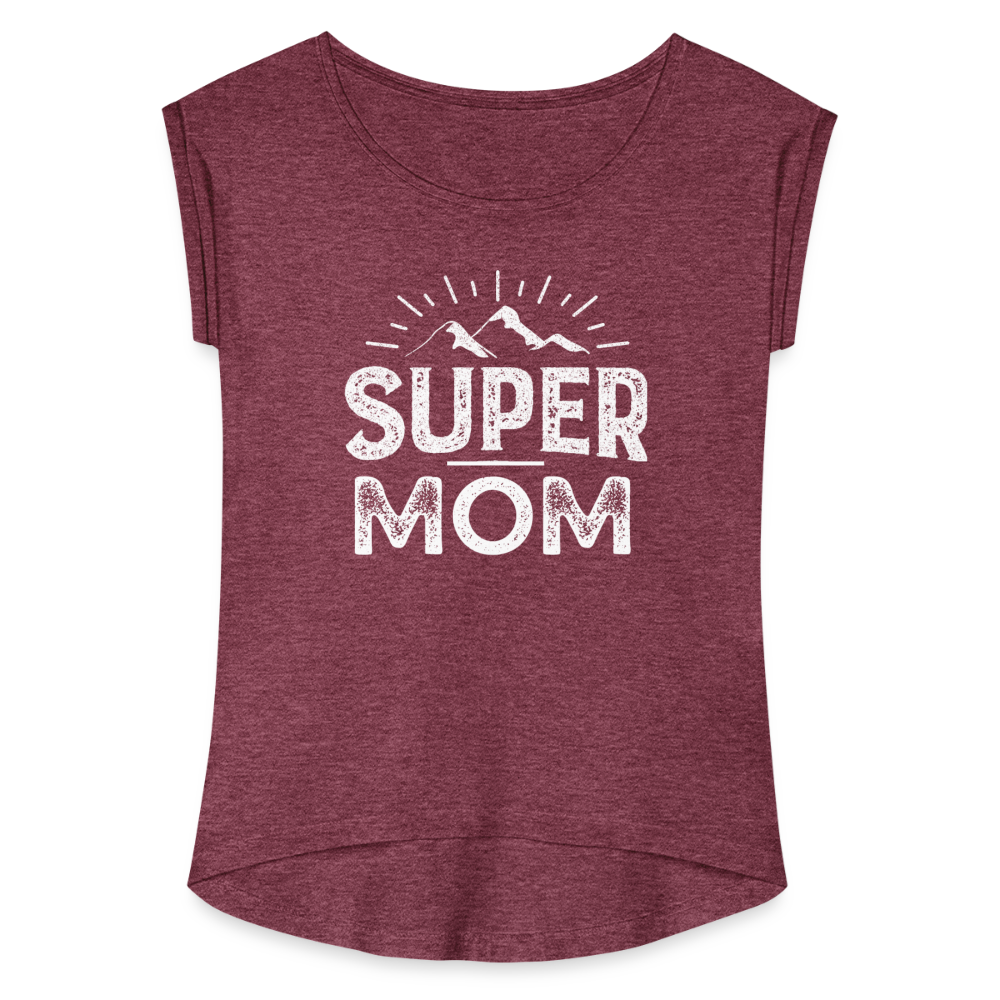 Frauen T-Shirt mit gerollten Ärmeln - Super Mom - Bordeauxrot meliert