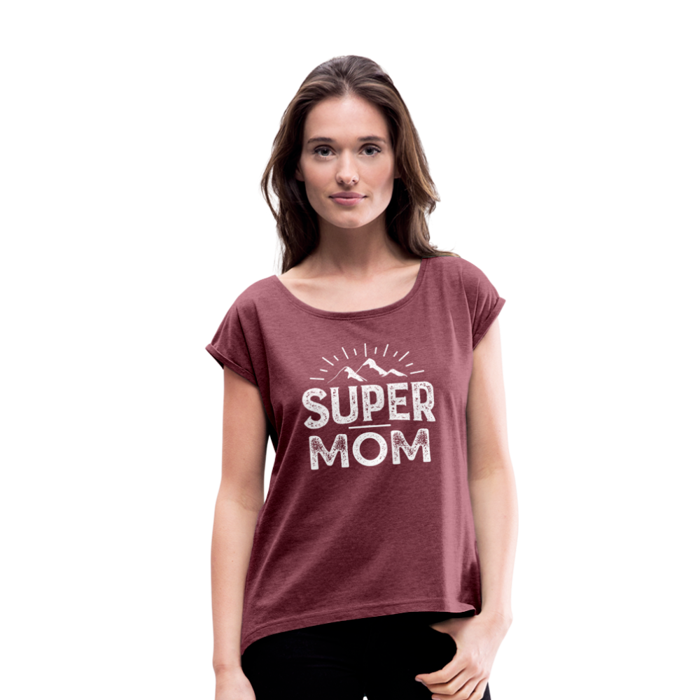 Frauen T-Shirt mit gerollten Ärmeln - Super Mom - Bordeauxrot meliert