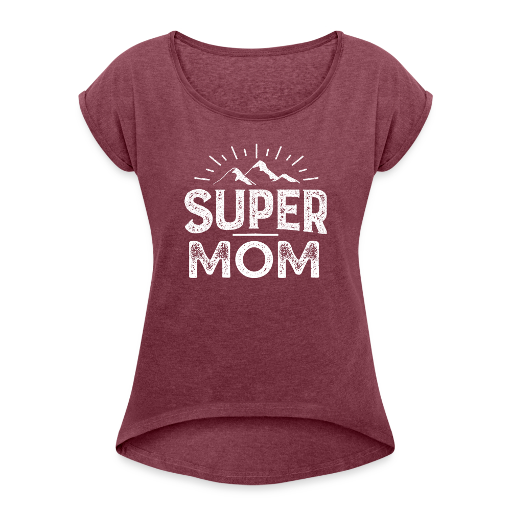 Frauen T-Shirt mit gerollten Ärmeln - Super Mom - Bordeauxrot meliert