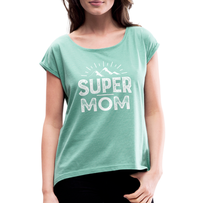 Frauen T-Shirt mit gerollten Ärmeln - Super Mom - Minze meliert