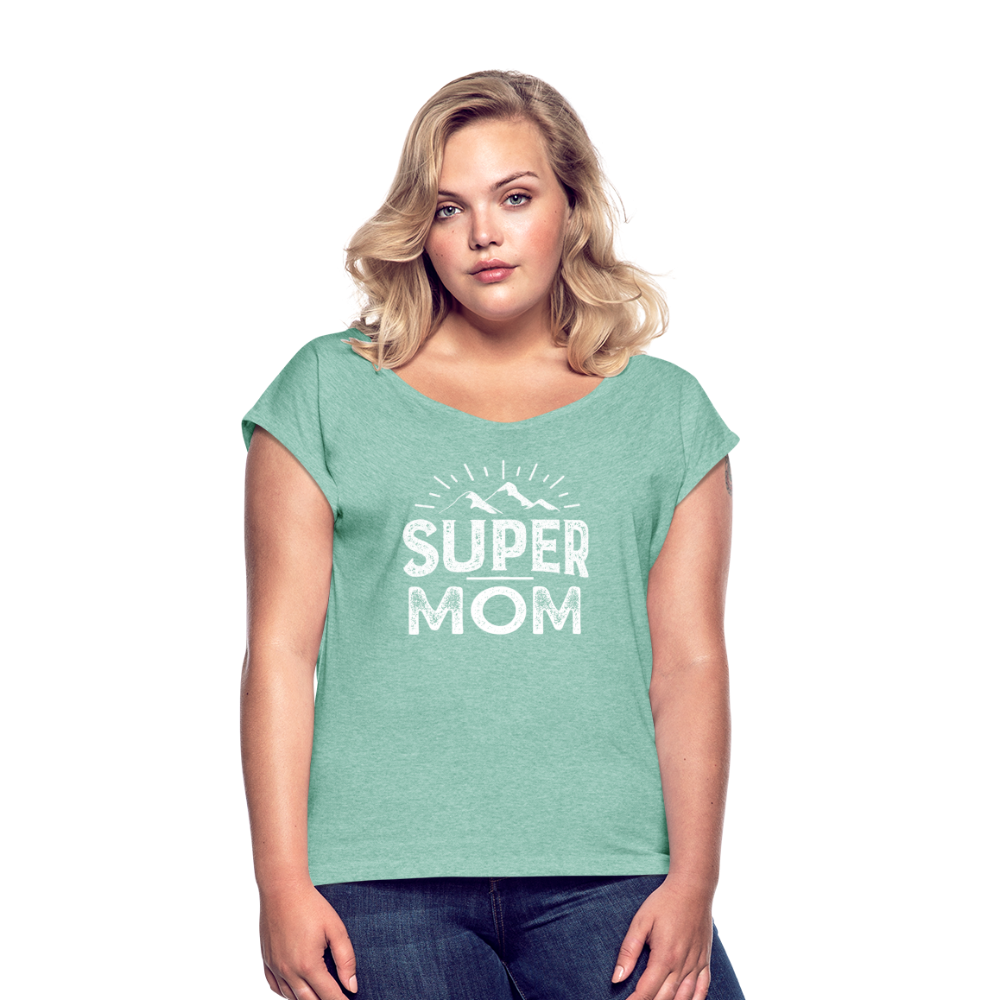 Frauen T-Shirt mit gerollten Ärmeln - Super Mom - Minze meliert