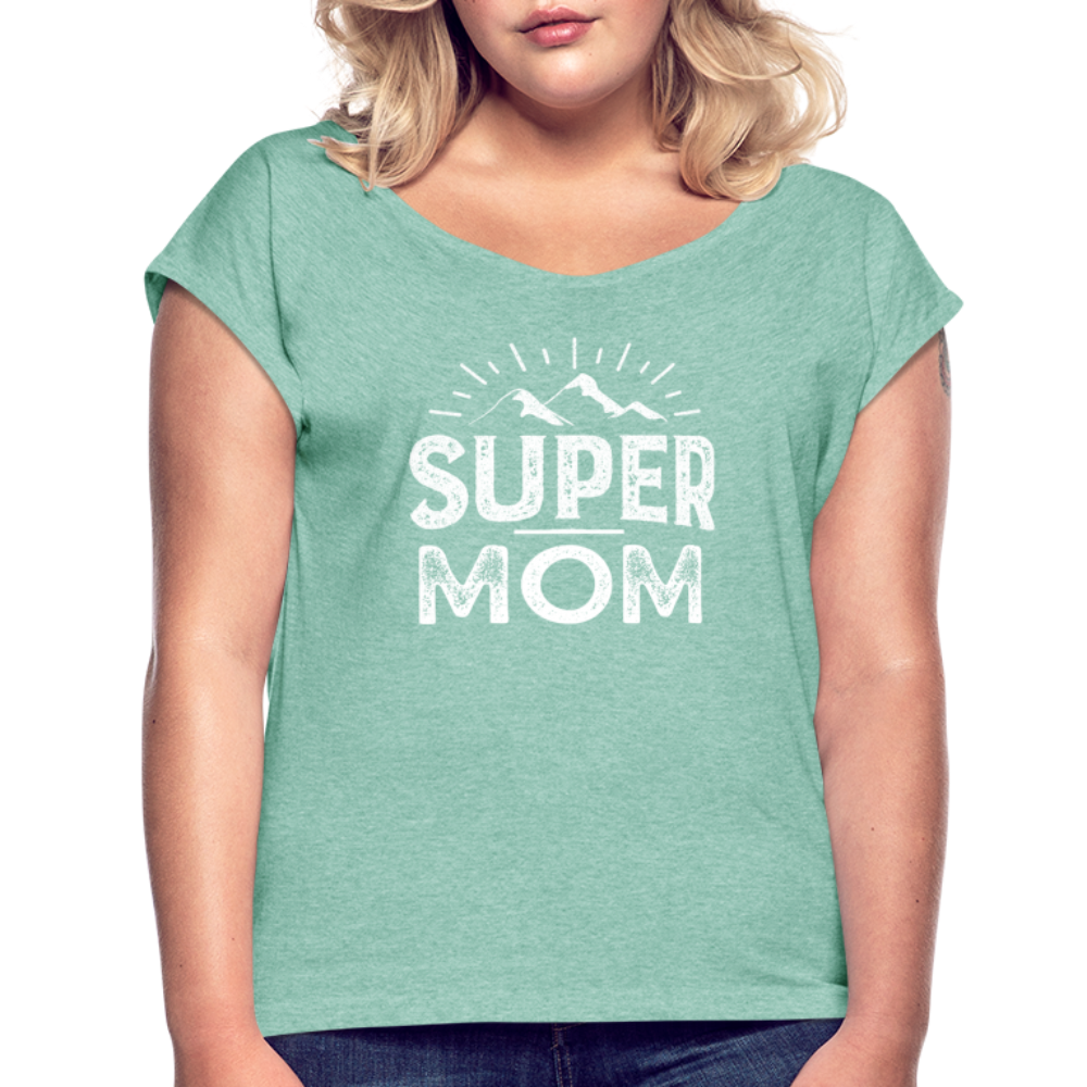 Frauen T-Shirt mit gerollten Ärmeln - Super Mom - Minze meliert