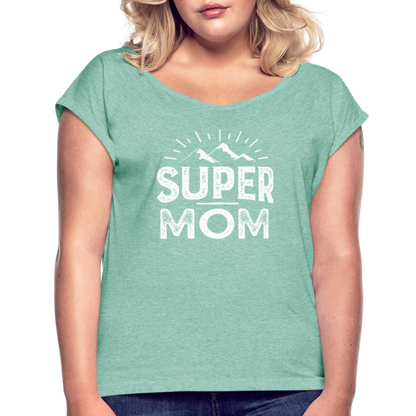 Frauen T-Shirt mit gerollten Ärmeln - Super Mom - Minze meliert