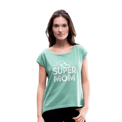 Frauen T-Shirt mit gerollten Ärmeln - Super Mom - Minze meliert