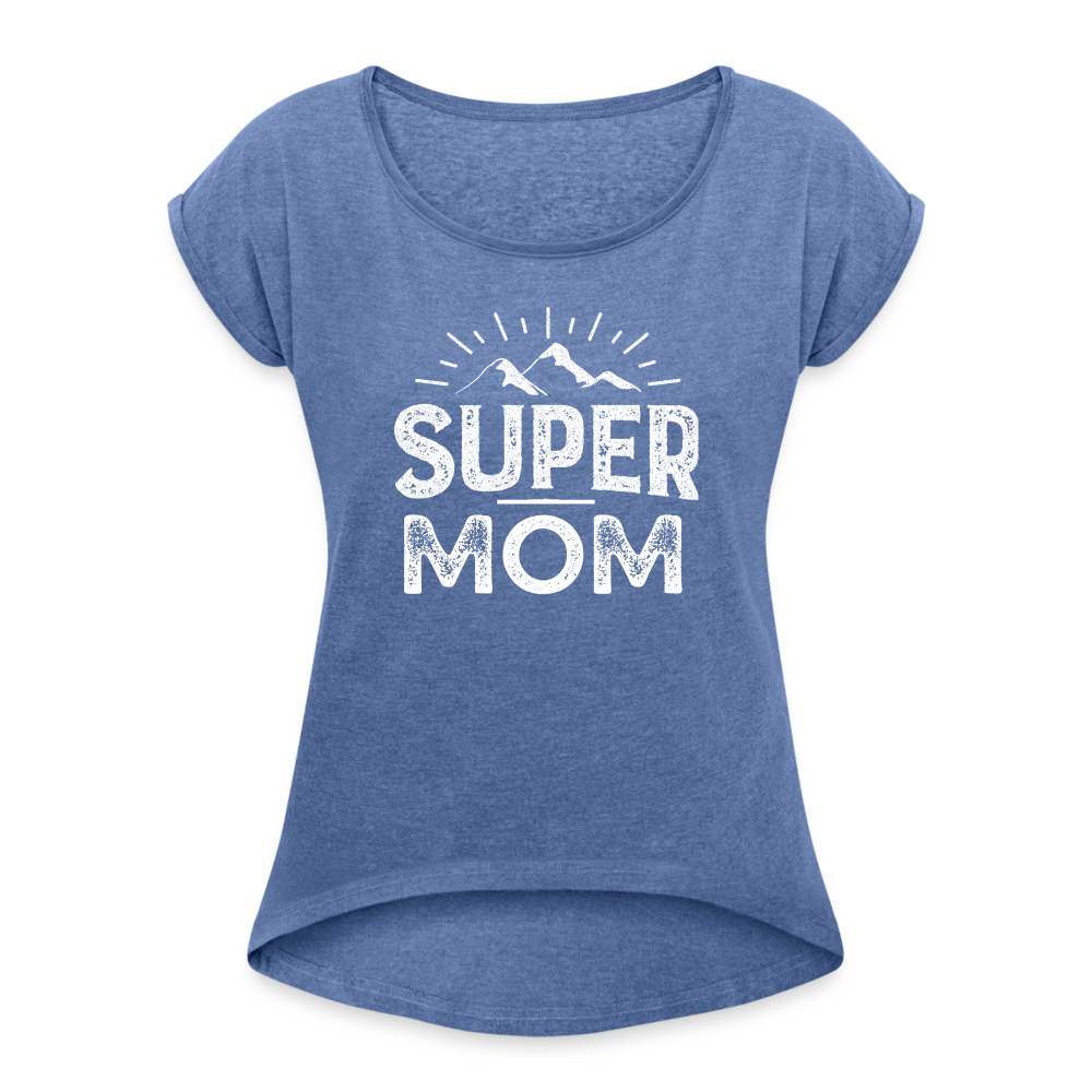 Frauen T-Shirt mit gerollten Ärmeln - Super Mom - Denim meliert