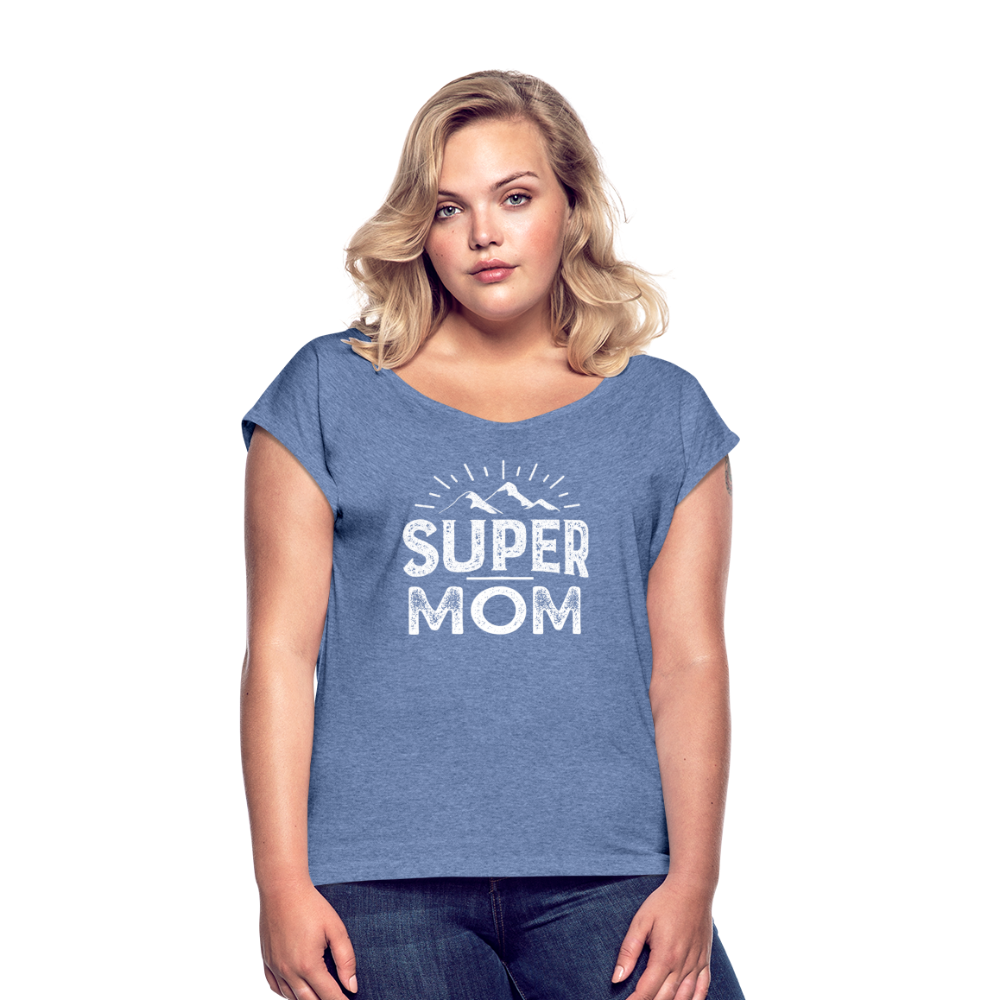 Frauen T-Shirt mit gerollten Ärmeln - Super Mom - Denim meliert