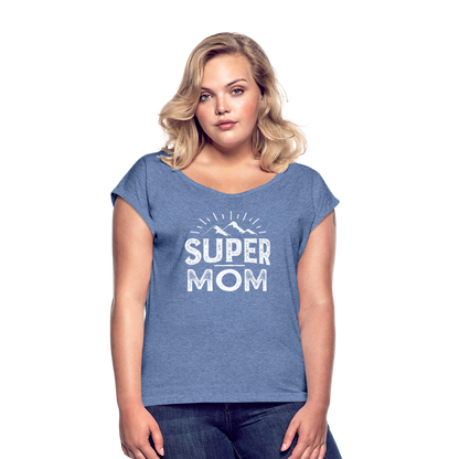 Frauen T-Shirt mit gerollten Ärmeln - Super Mom - Denim meliert