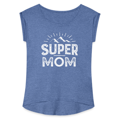 Frauen T-Shirt mit gerollten Ärmeln - Super Mom - Denim meliert