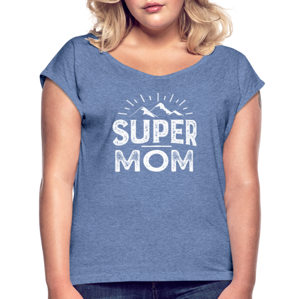 Frauen T-Shirt mit gerollten Ärmeln - Super Mom - Denim meliert