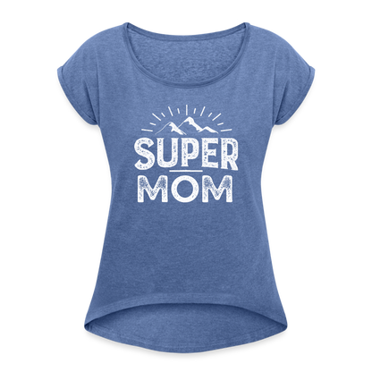 Frauen T-Shirt mit gerollten Ärmeln - Super Mom - Denim meliert