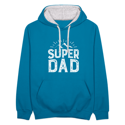 Kontrast-Hoodie - Super DAD - Pfauenblau/Grau meliert