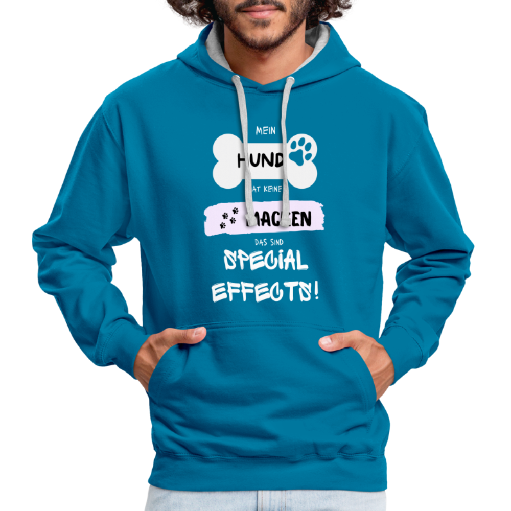 Kontrast-Hoodie - Hund macken - Pfauenblau/Grau meliert