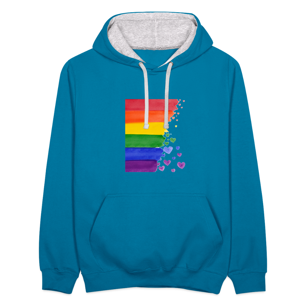 Kontrast-Hoodie - LGBT Streifen - Pfauenblau/Grau meliert