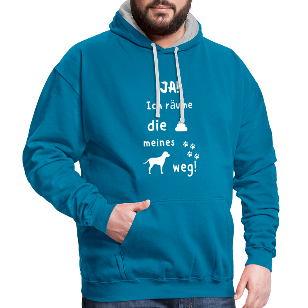 Kontrast-Hoodie - Hund Spruch - Pfauenblau/Grau meliert