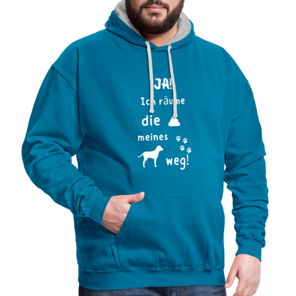 Kontrast-Hoodie - Hund Spruch - Pfauenblau/Grau meliert