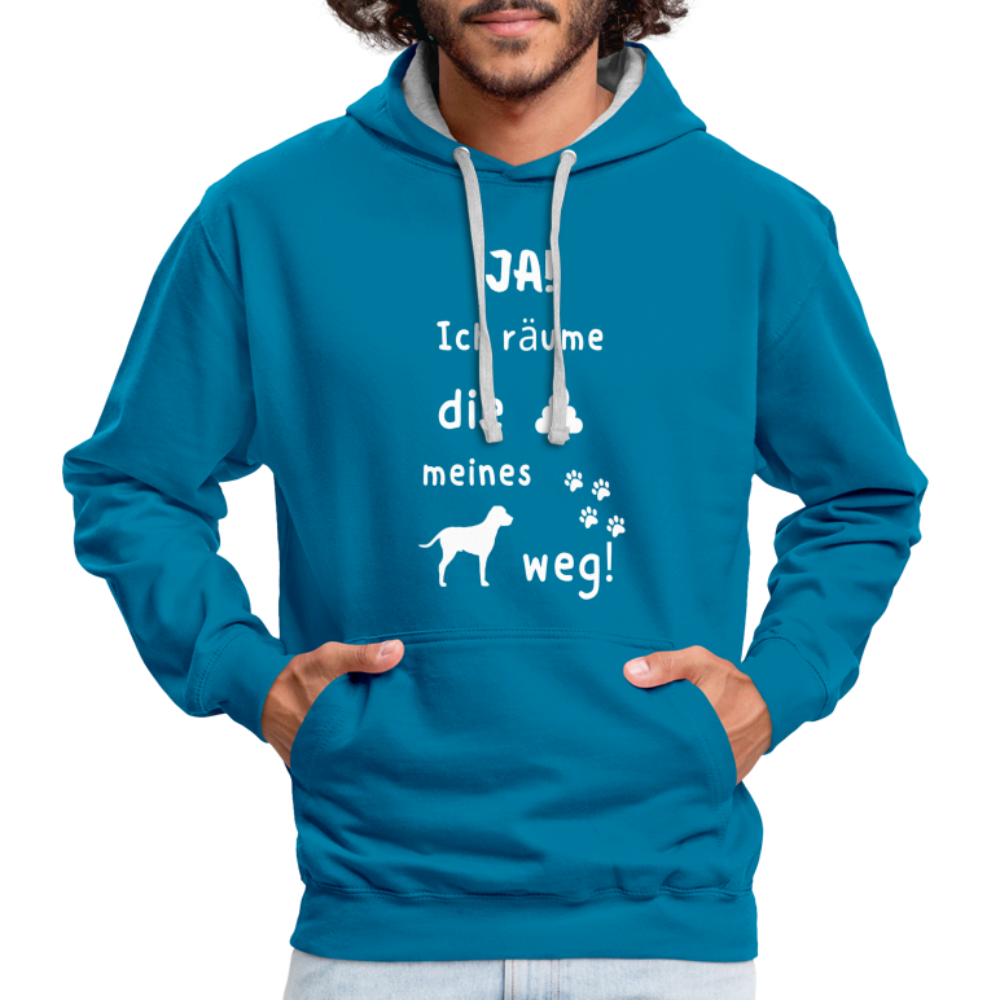 Kontrast-Hoodie - Hund Spruch - Pfauenblau/Grau meliert