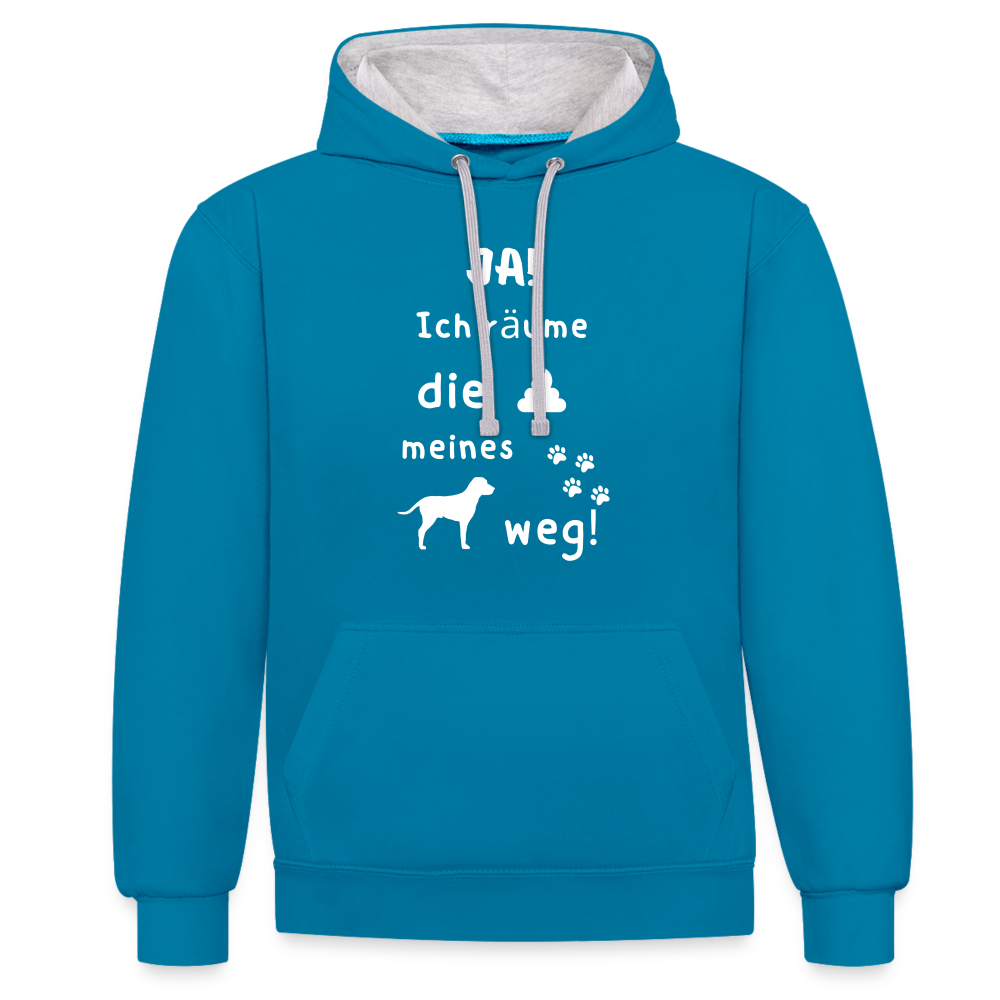 Kontrast-Hoodie - Hund Spruch - Pfauenblau/Grau meliert