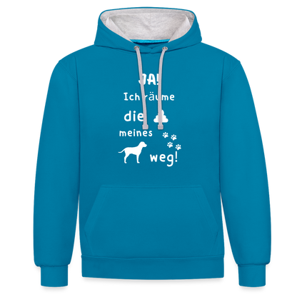 Kontrast-Hoodie - Hund Spruch - Pfauenblau/Grau meliert