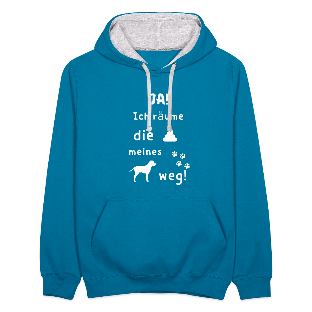 Kontrast-Hoodie - Hund Spruch - Pfauenblau/Grau meliert