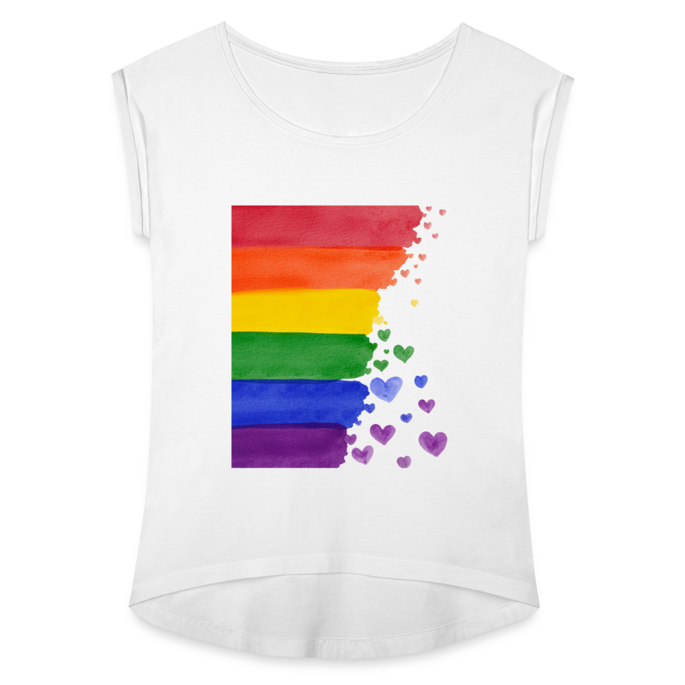 Frauen T-Shirt mit gerollten Ärmeln - LGBT Streifen - weiß