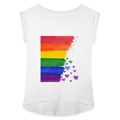 Frauen T-Shirt mit gerollten Ärmeln - LGBT Streifen - weiß