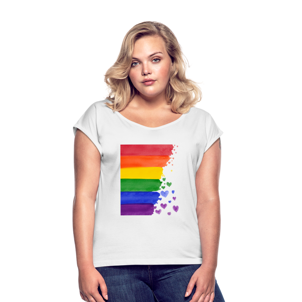 Frauen T-Shirt mit gerollten Ärmeln - LGBT Streifen - weiß