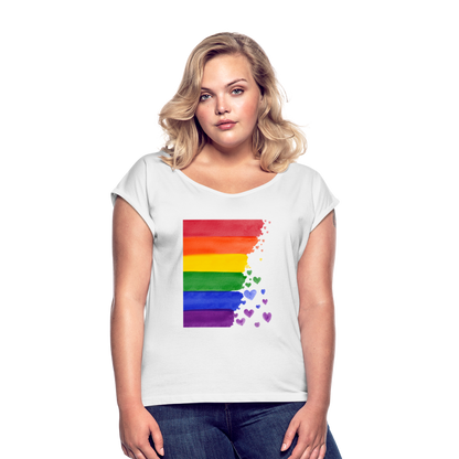 Frauen T-Shirt mit gerollten Ärmeln - LGBT Streifen - weiß