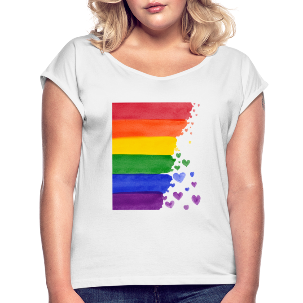 Frauen T-Shirt mit gerollten Ärmeln - LGBT Streifen - weiß