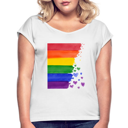 Frauen T-Shirt mit gerollten Ärmeln - LGBT Streifen - weiß