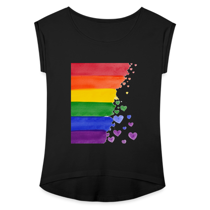 Frauen T-Shirt mit gerollten Ärmeln - LGBT Streifen - Schwarz