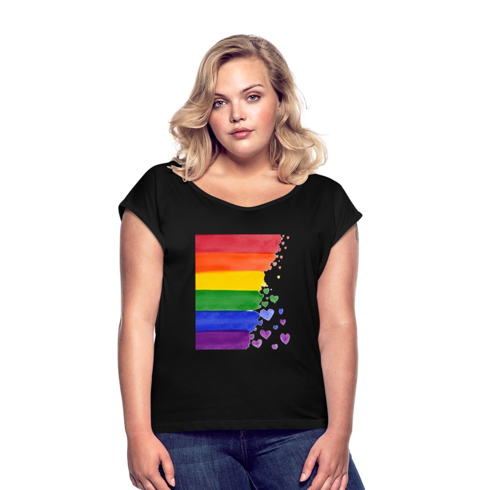 Frauen T-Shirt mit gerollten Ärmeln - LGBT Streifen - Schwarz