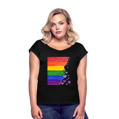 Frauen T-Shirt mit gerollten Ärmeln - LGBT Streifen - Schwarz