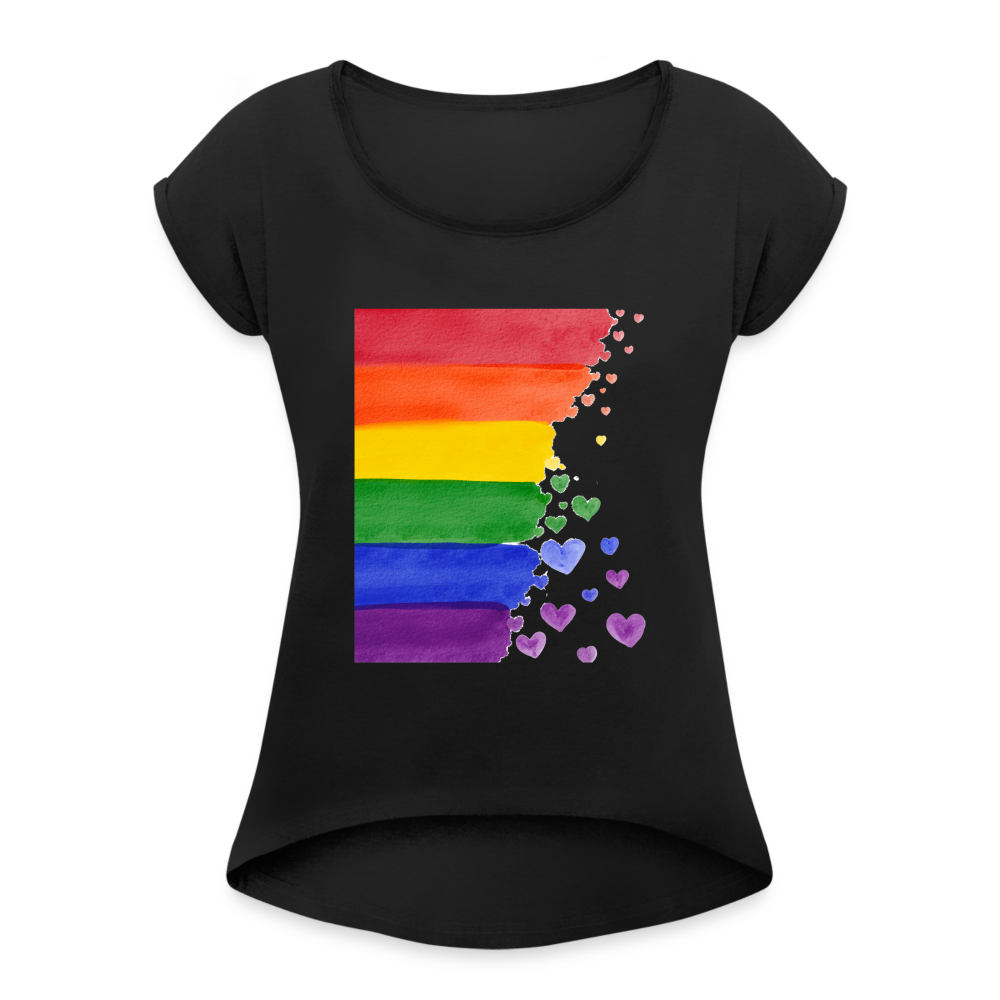 Frauen T-Shirt mit gerollten Ärmeln - LGBT Streifen - Schwarz