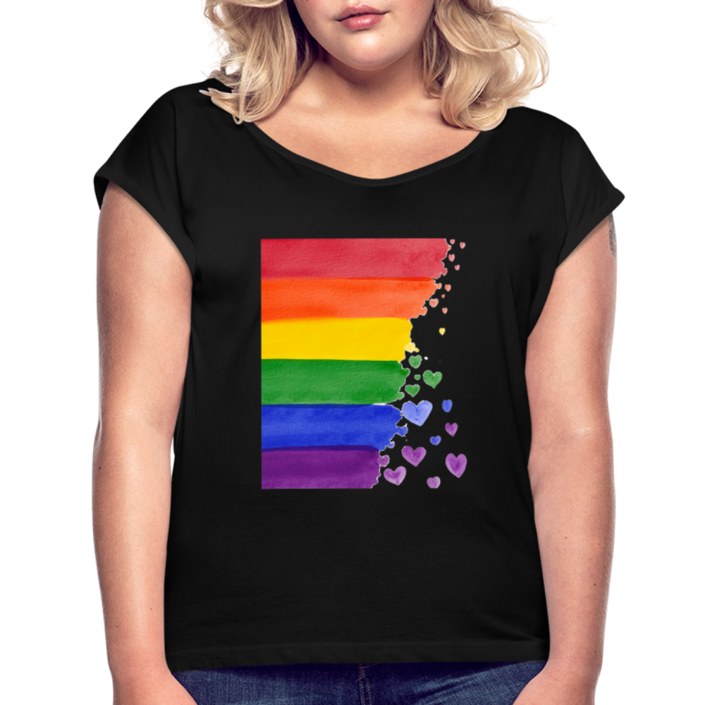 Frauen T-Shirt mit gerollten Ärmeln - LGBT Streifen - Schwarz