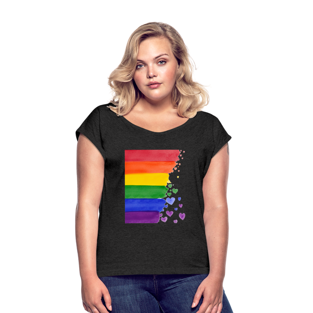 Frauen T-Shirt mit gerollten Ärmeln - LGBT Streifen - Schwarz meliert