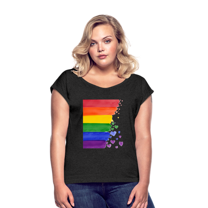 Frauen T-Shirt mit gerollten Ärmeln - LGBT Streifen - Schwarz meliert