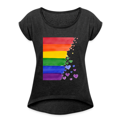 Frauen T-Shirt mit gerollten Ärmeln - LGBT Streifen - Schwarz meliert