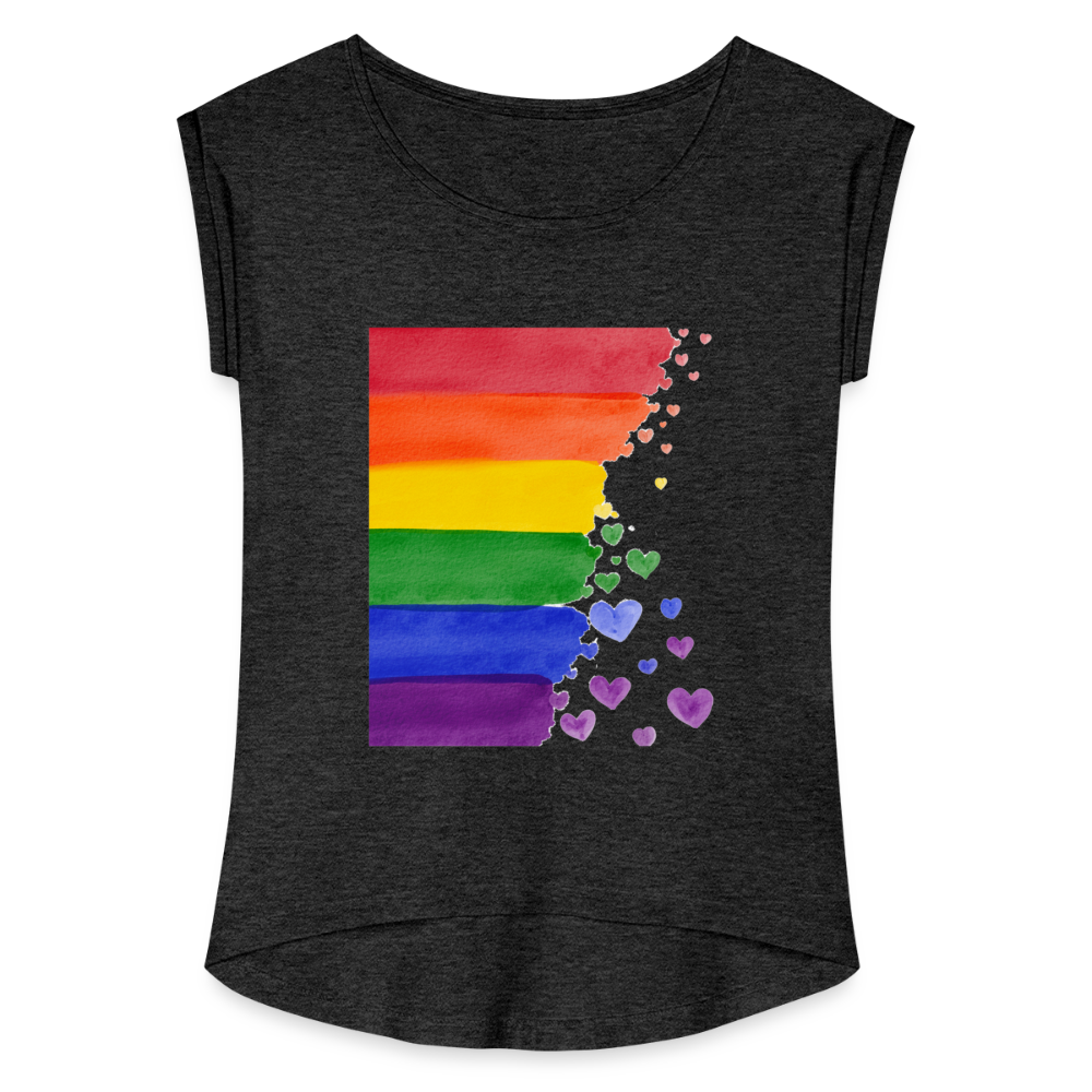 Frauen T-Shirt mit gerollten Ärmeln - LGBT Streifen - Schwarz meliert