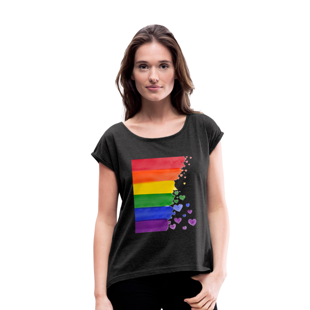 Frauen T-Shirt mit gerollten Ärmeln - LGBT Streifen - Schwarz meliert