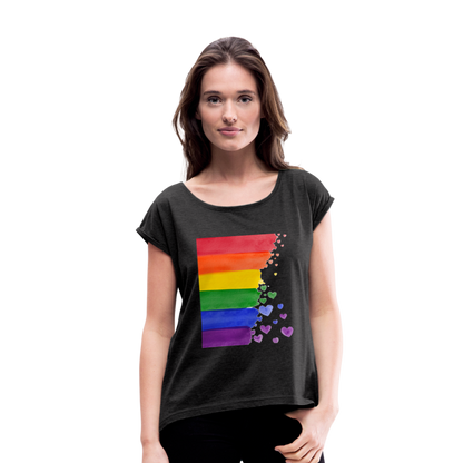 Frauen T-Shirt mit gerollten Ärmeln - LGBT Streifen - Schwarz meliert