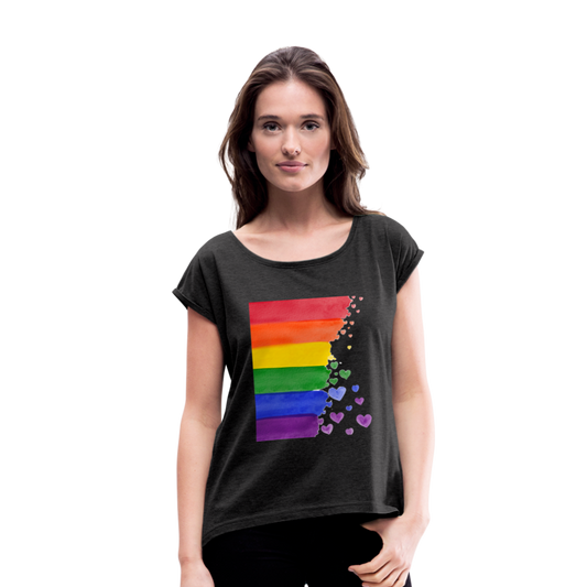 Frauen T-Shirt mit gerollten Ärmeln - LGBT Streifen - Schwarz meliert