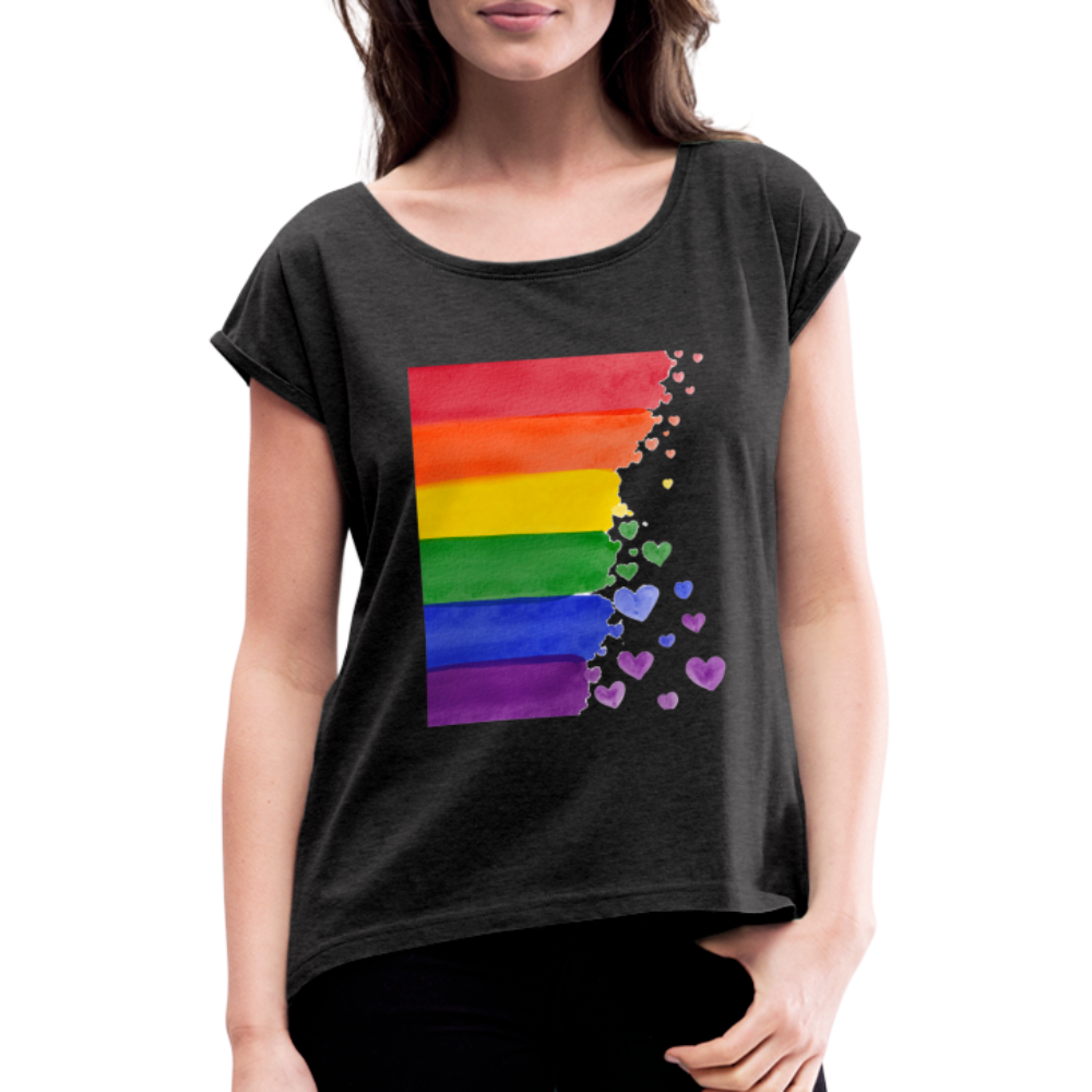 Frauen T-Shirt mit gerollten Ärmeln - LGBT Streifen - Schwarz meliert