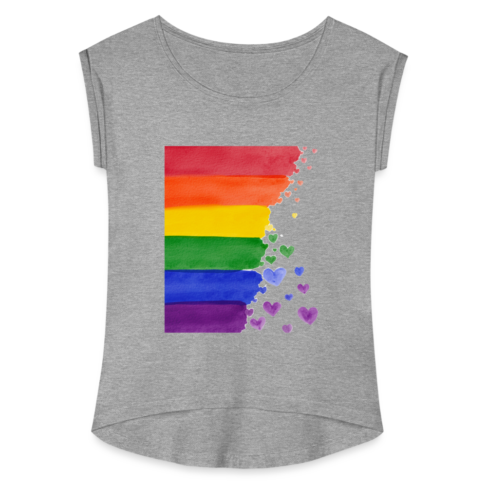 Frauen T-Shirt mit gerollten Ärmeln - LGBT Streifen - Grau meliert