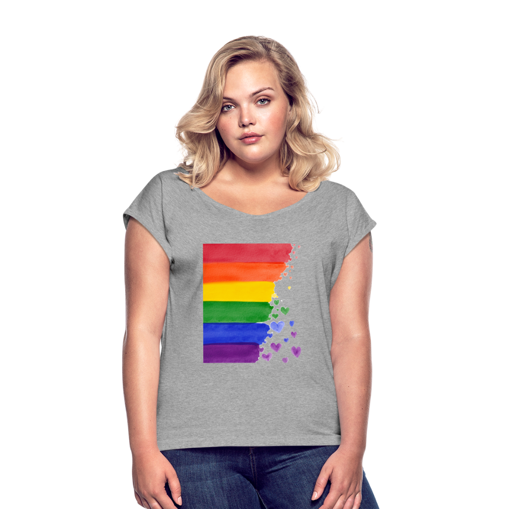 Frauen T-Shirt mit gerollten Ärmeln - LGBT Streifen - Grau meliert