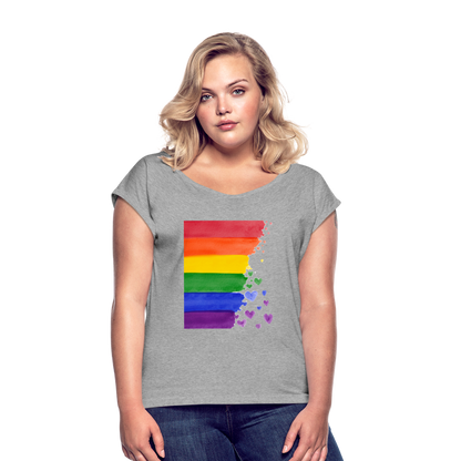 Frauen T-Shirt mit gerollten Ärmeln - LGBT Streifen - Grau meliert