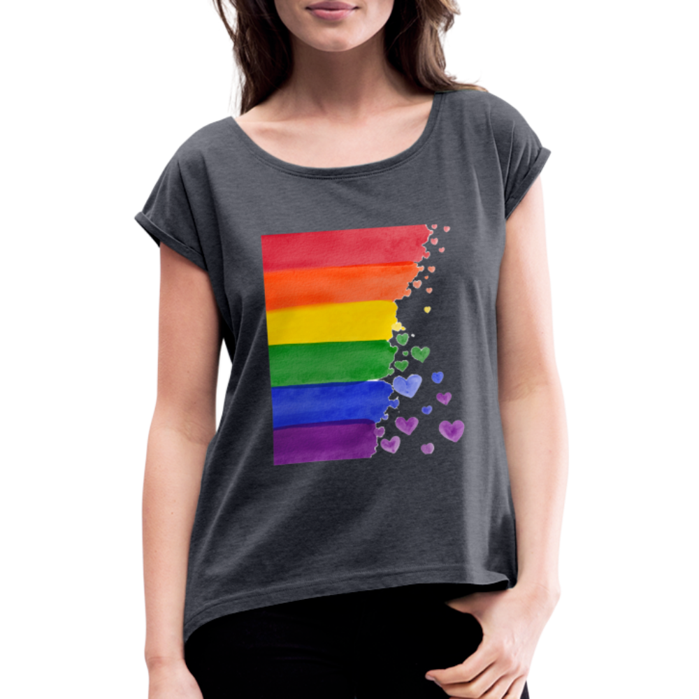 Frauen T-Shirt mit gerollten Ärmeln - LGBT Streifen - Navy meliert