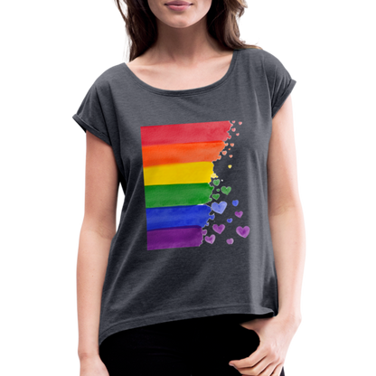 Frauen T-Shirt mit gerollten Ärmeln - LGBT Streifen - Navy meliert