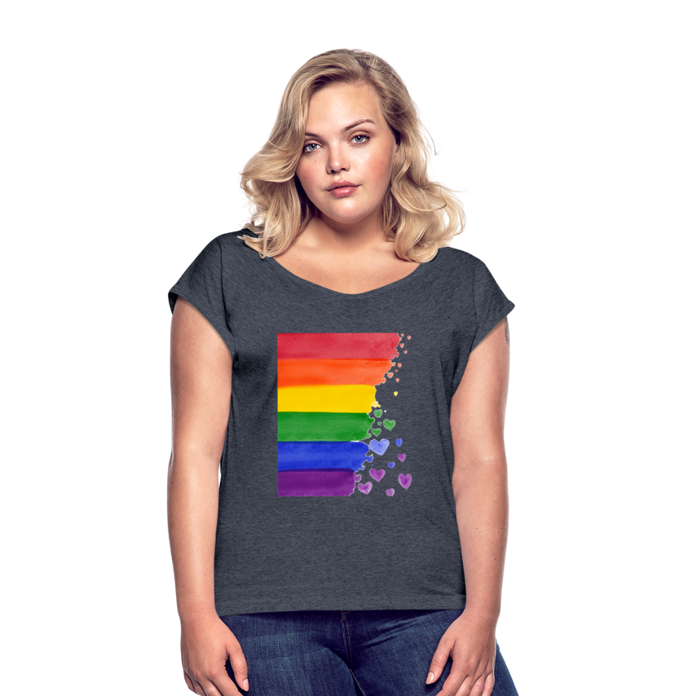 Frauen T-Shirt mit gerollten Ärmeln - LGBT Streifen - Navy meliert