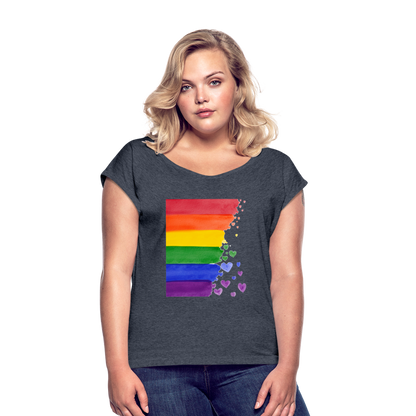 Frauen T-Shirt mit gerollten Ärmeln - LGBT Streifen - Navy meliert