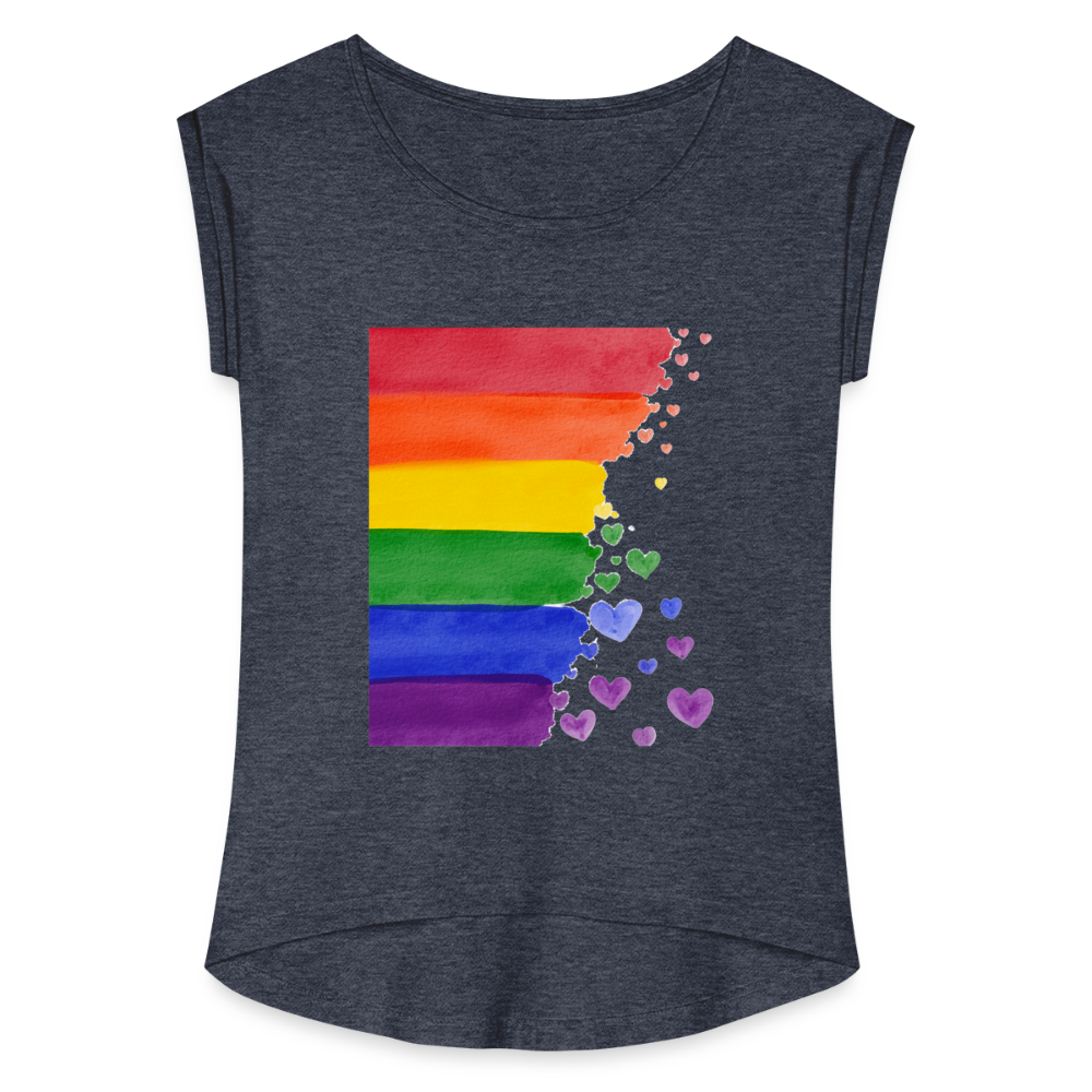 Frauen T-Shirt mit gerollten Ärmeln - LGBT Streifen - Navy meliert